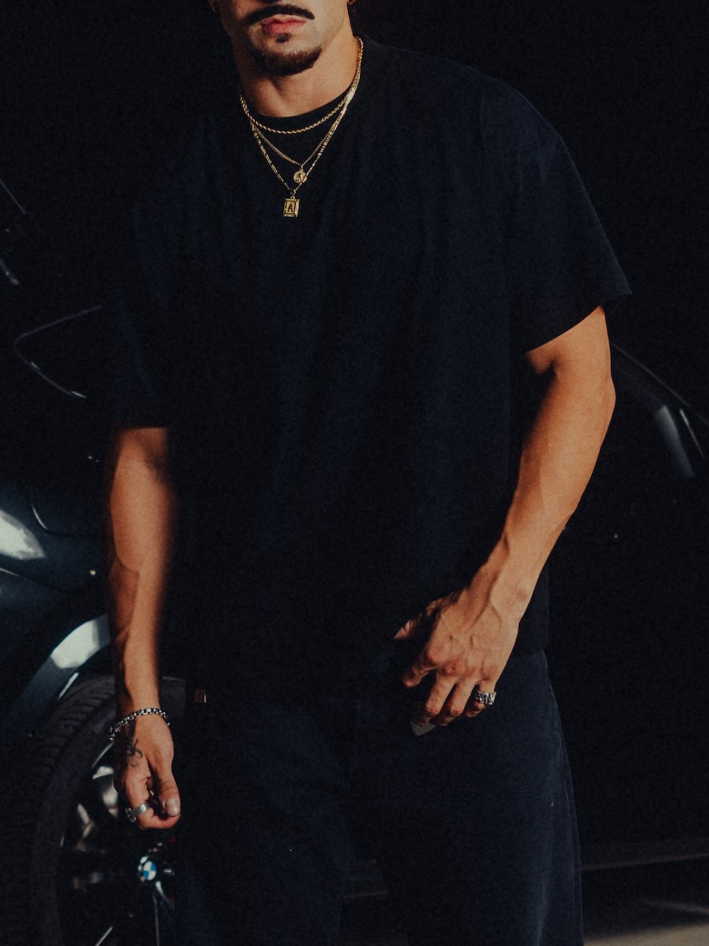 Model wearing the black classic crew tee