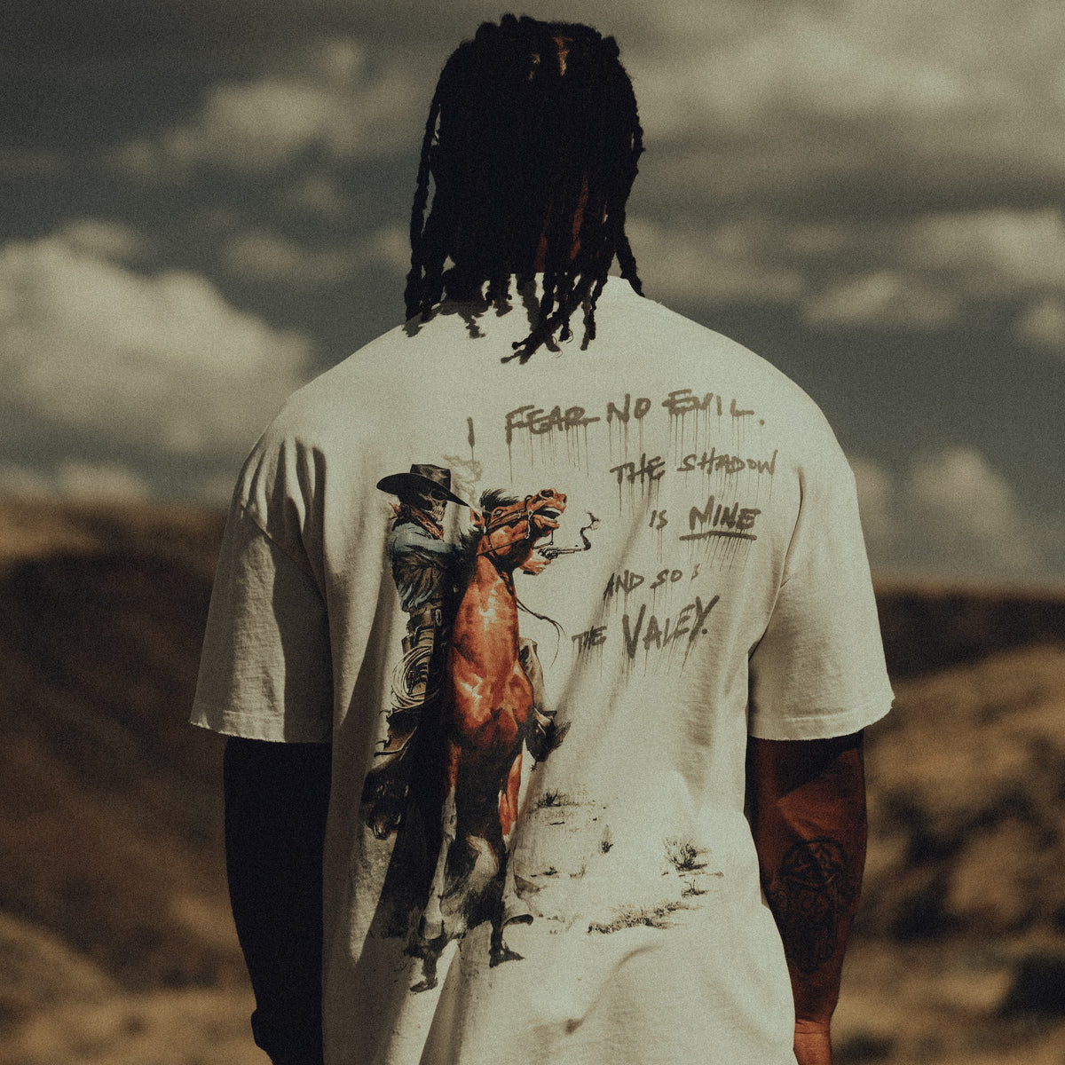 Back view of the cream Iron Outlaw tee's horse graphic, with a canyon behind