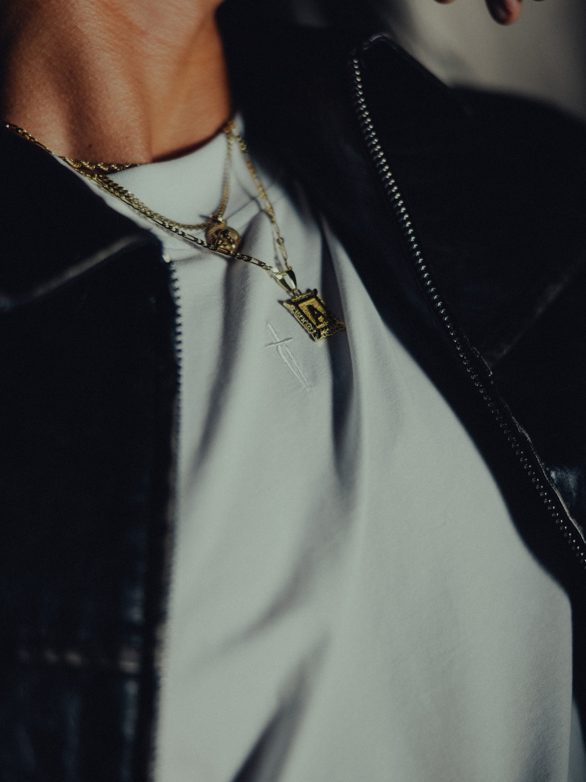 White classic crew tee under a black jacket