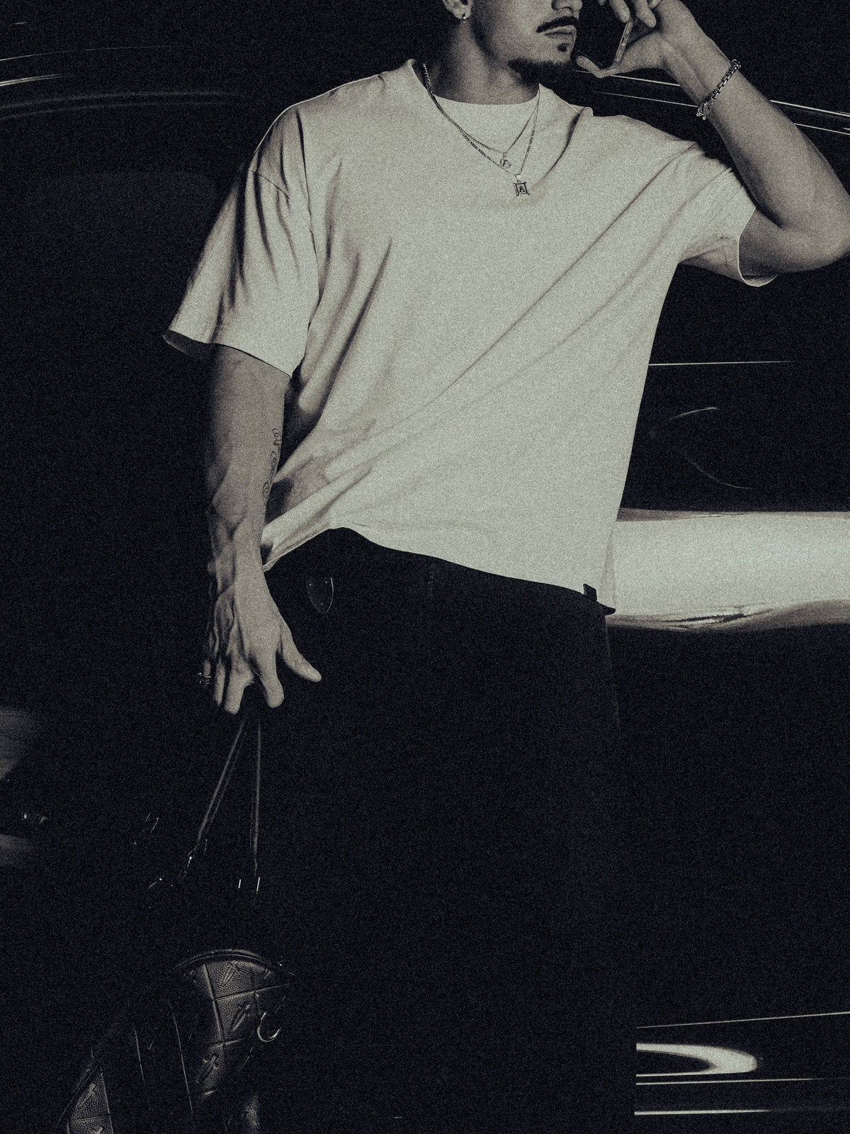 Model in the white classic crew tee, slightly oversized fit