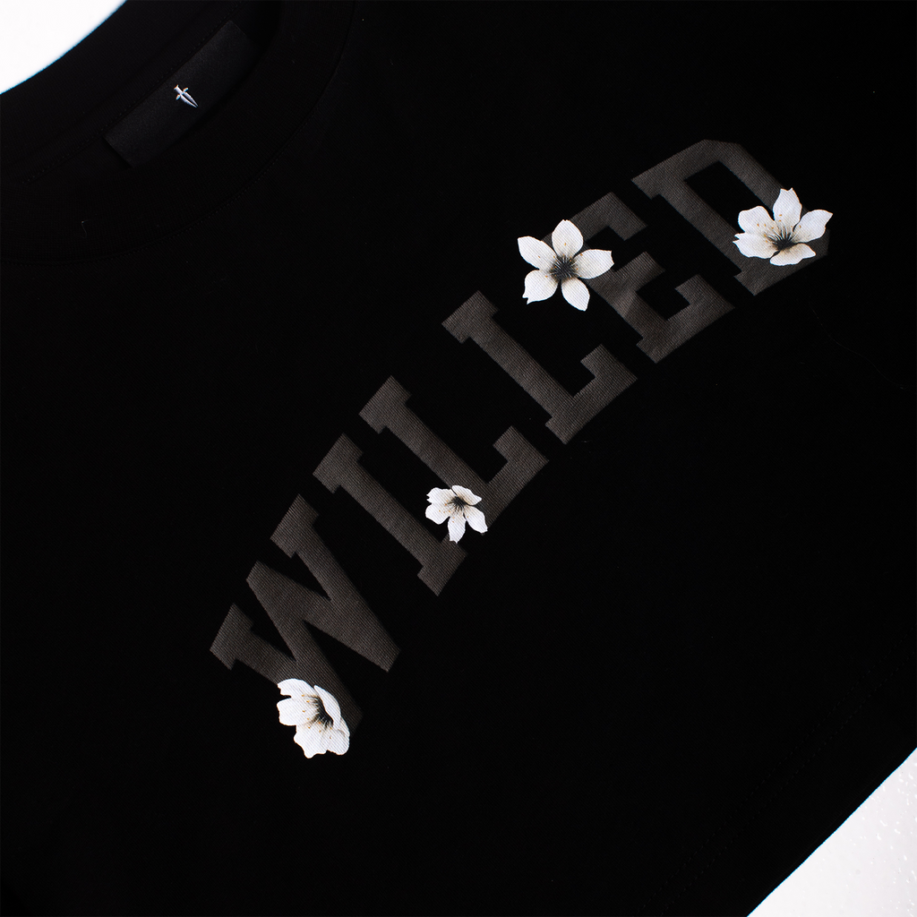WOMEN'S OVERSIZED WHITE CHERRY BLOSSOM CROP TOP - BLACK