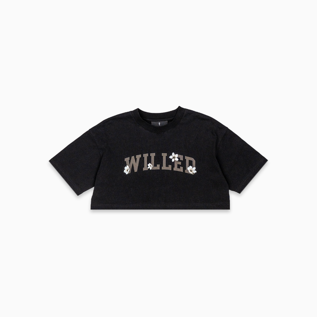 WOMEN'S OVERSIZED WHITE CHERRY BLOSSOM CROP TOP - BLACK