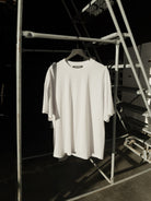 White classic crew tee on a hanger
