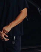 Black classic crew tee, sleeve detail