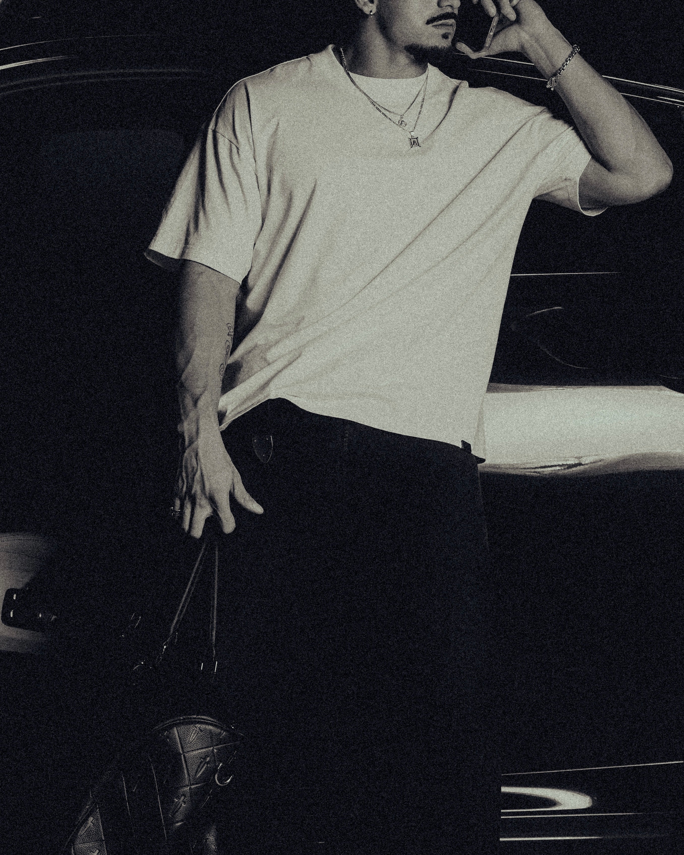 Model in the white classic crew tee, slightly oversized fit