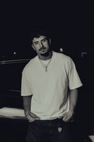 Model wearing the white classic crew tee