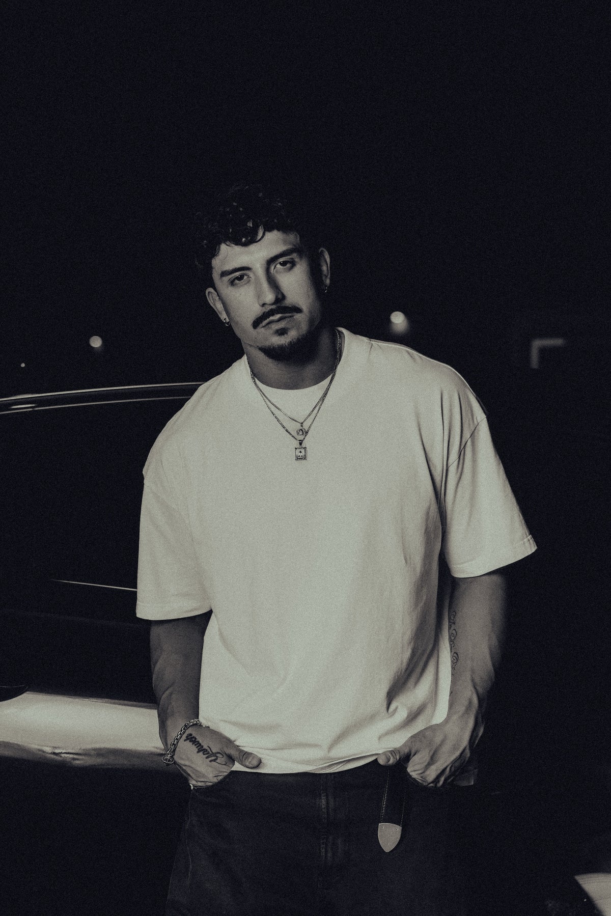 Model wearing the white classic crew tee