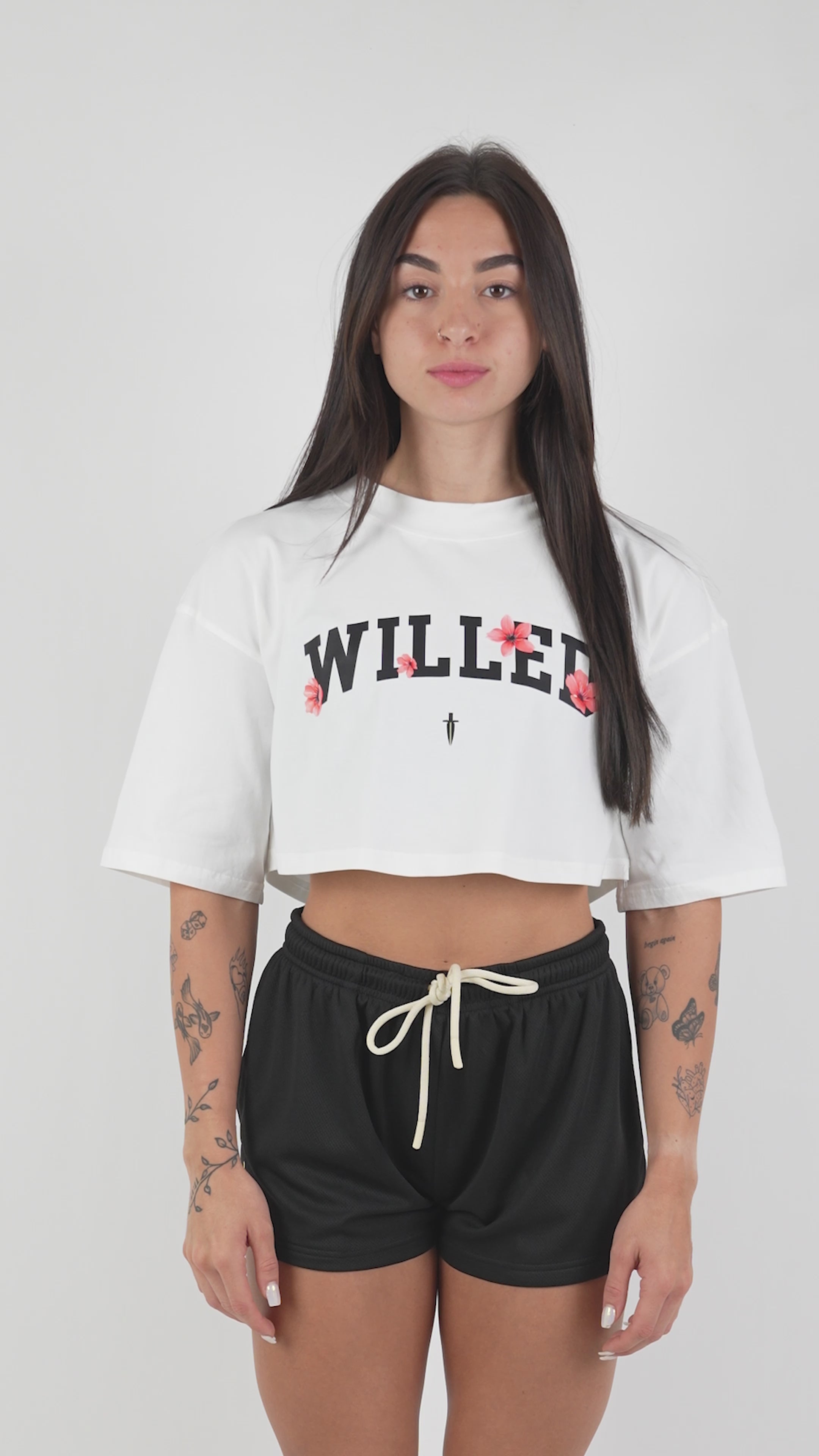 WOMEN'S WILLED CHERRY BLOSSOM OVERSIZED CROP TOP - WHITE