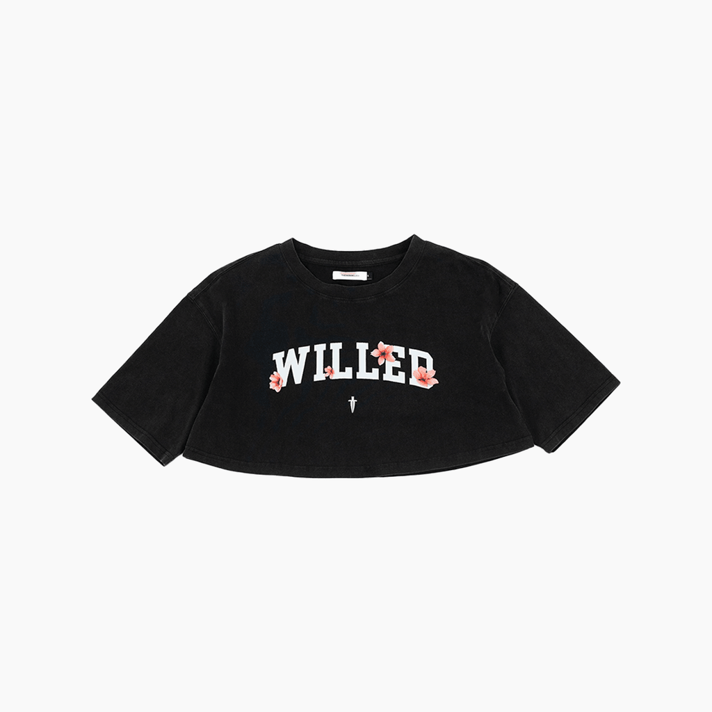 WOMEN'S WILLED CHERRY BLOSSOM OVERSIZED CROP TOP - BLACK - IRONWILLED