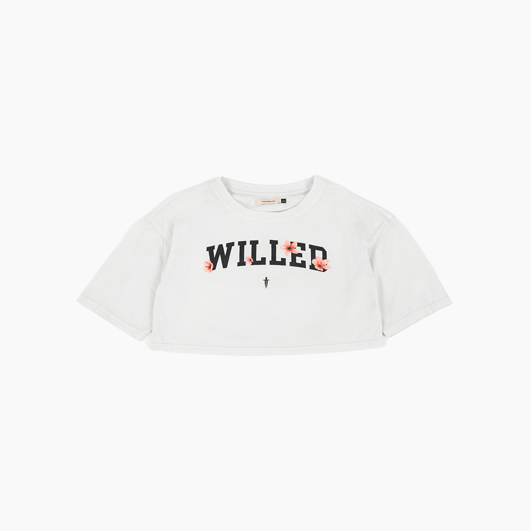 WOMEN'S WILLED CHERRY BLOSSOM OVERSIZED CROP TOP - WHITE - IRONWILLED