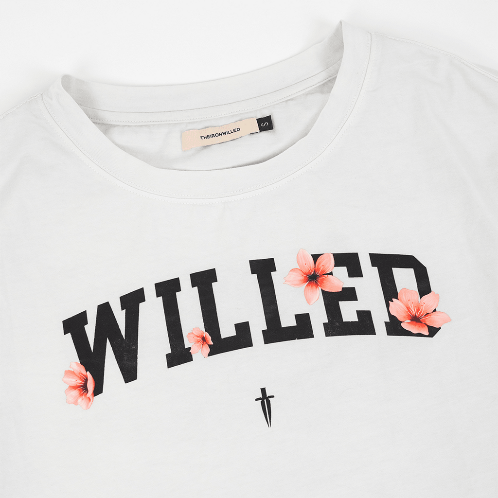 WOMEN'S WILLED CHERRY BLOSSOM OVERSIZED CROP TOP - WHITE - IRONWILLED